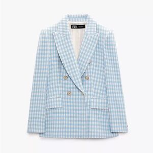 Zara Blue Double Breasted Houndstooth Women's Blazer